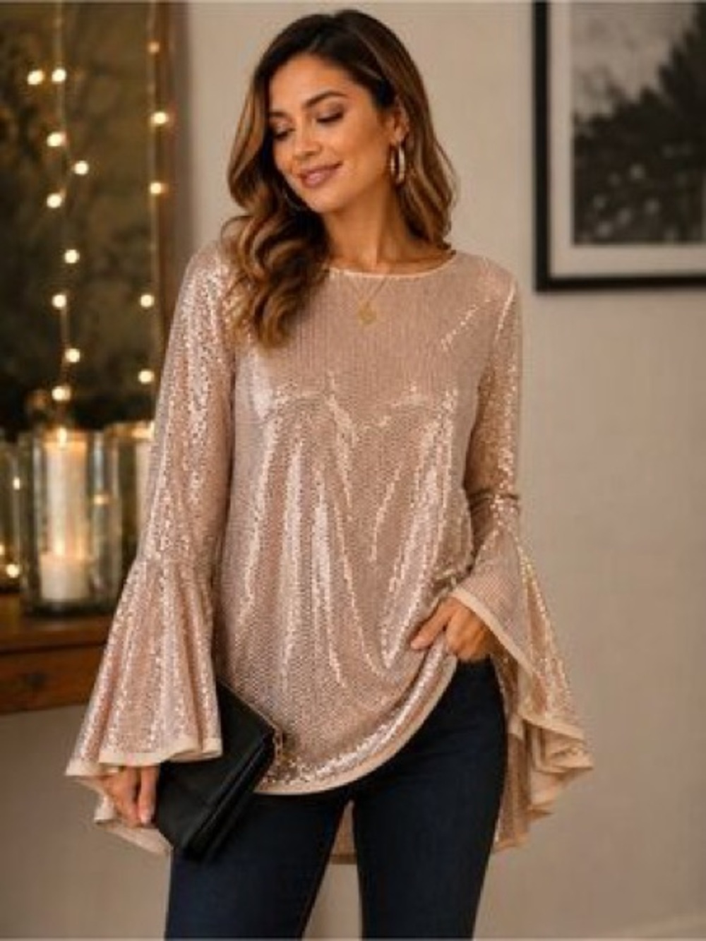 Vince Camuto Champagne Sequin Bell-Sleeve Top